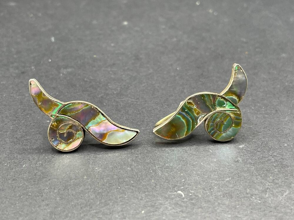 Vintage 925 Sterling Silver Mexico Abalone Shell Screw Back Earrings Swirl